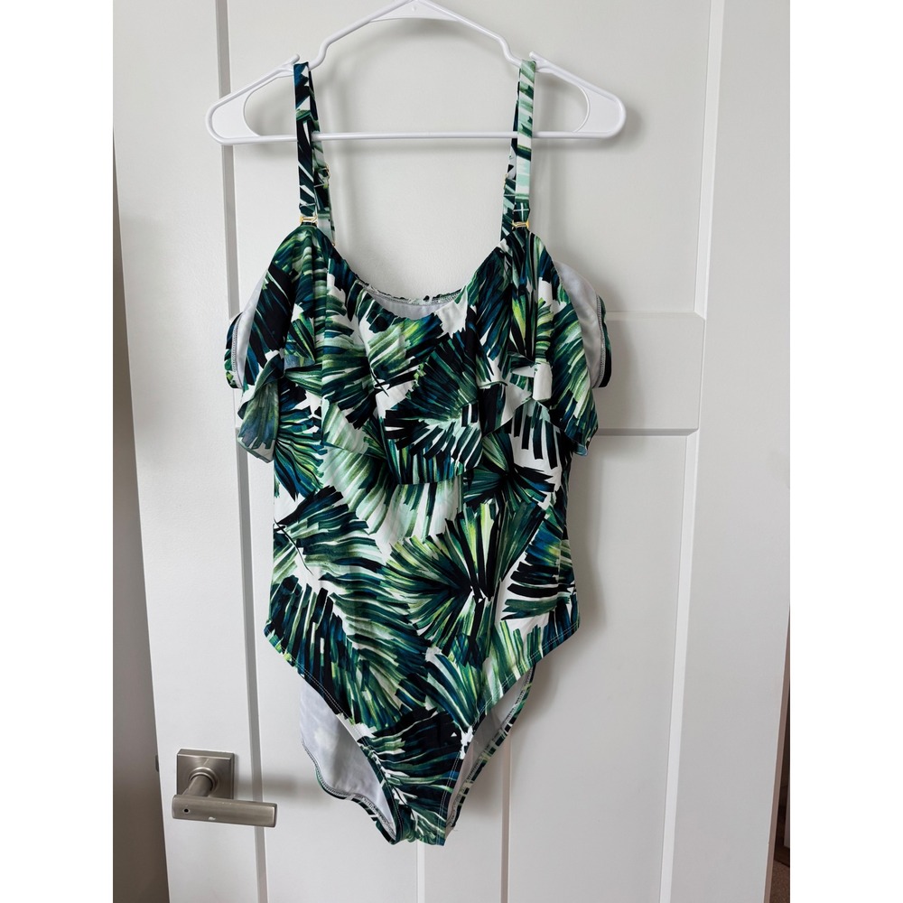 Mynah Womens Plus 22W Tropical Palm Leaf Cold Shoulder Ruffle One Piece Swimsuit